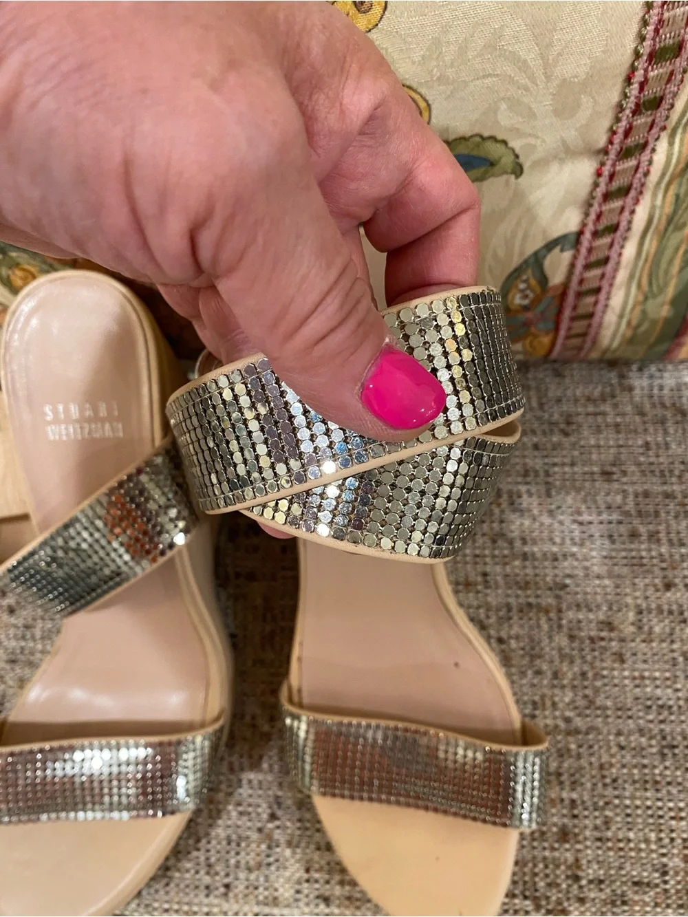 Stuart Weitzman Nude Platform Sandals with Silver Rhinestone Straps